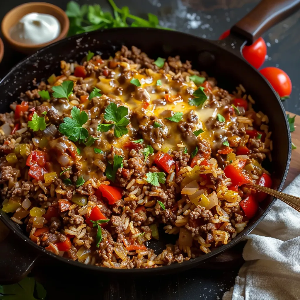 Beef and rice skillet, a tasty and money-saving dinner choice.