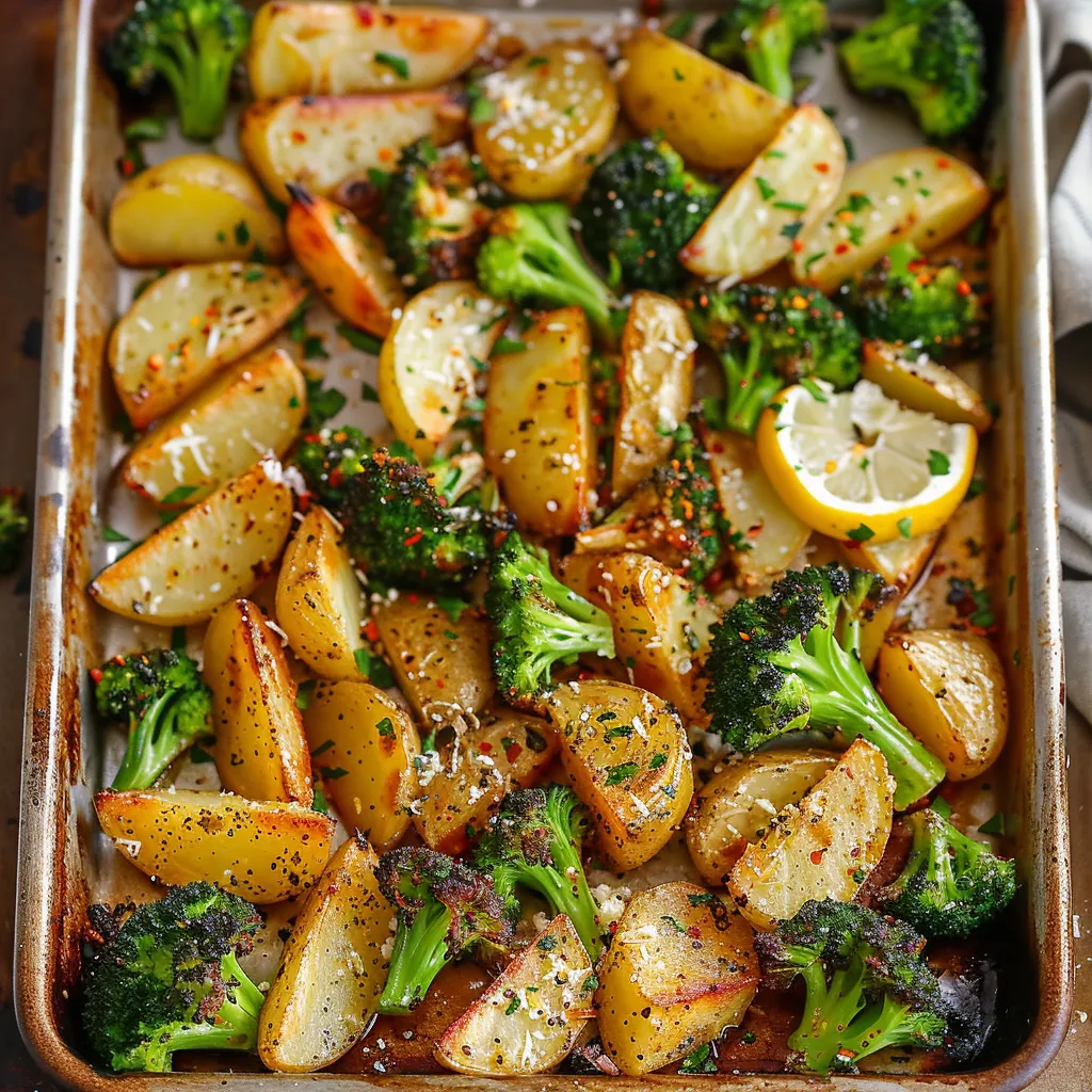 Tasty oven-roasted potatoes and broccoli, perfectly seasoned and crispy.