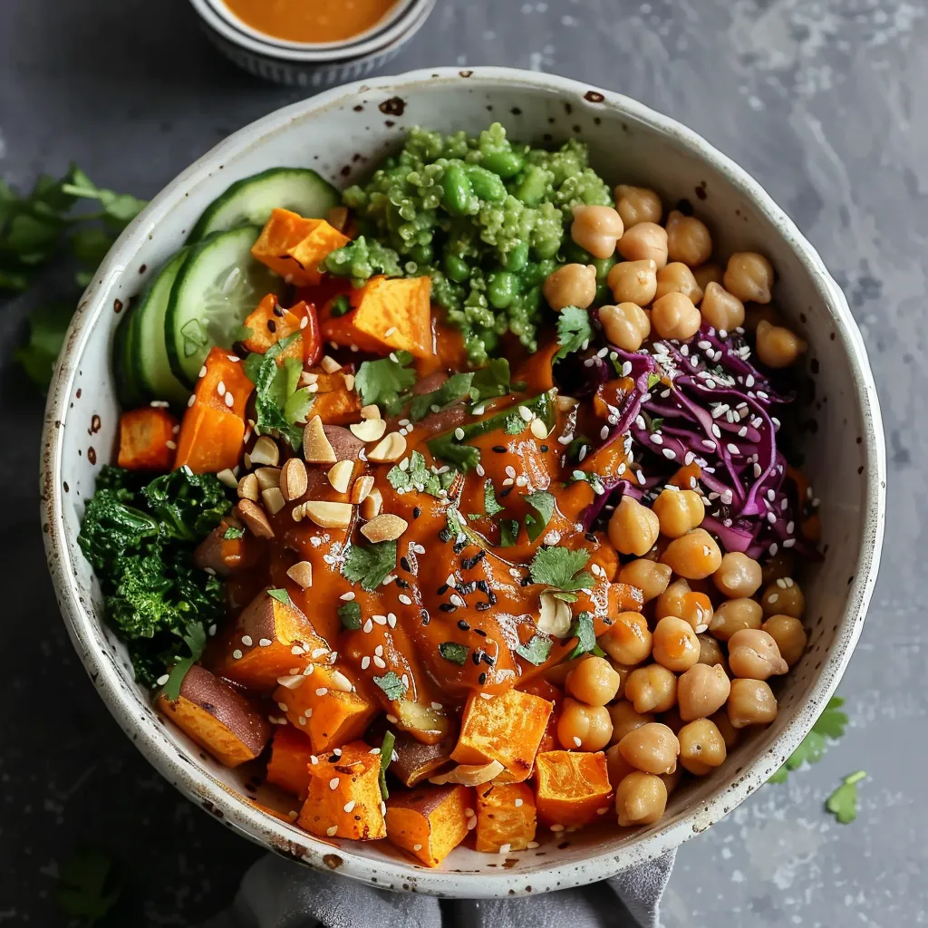 Colorful and nutritious sweet potato Buddha bowl topped with Thai peanut sauce.