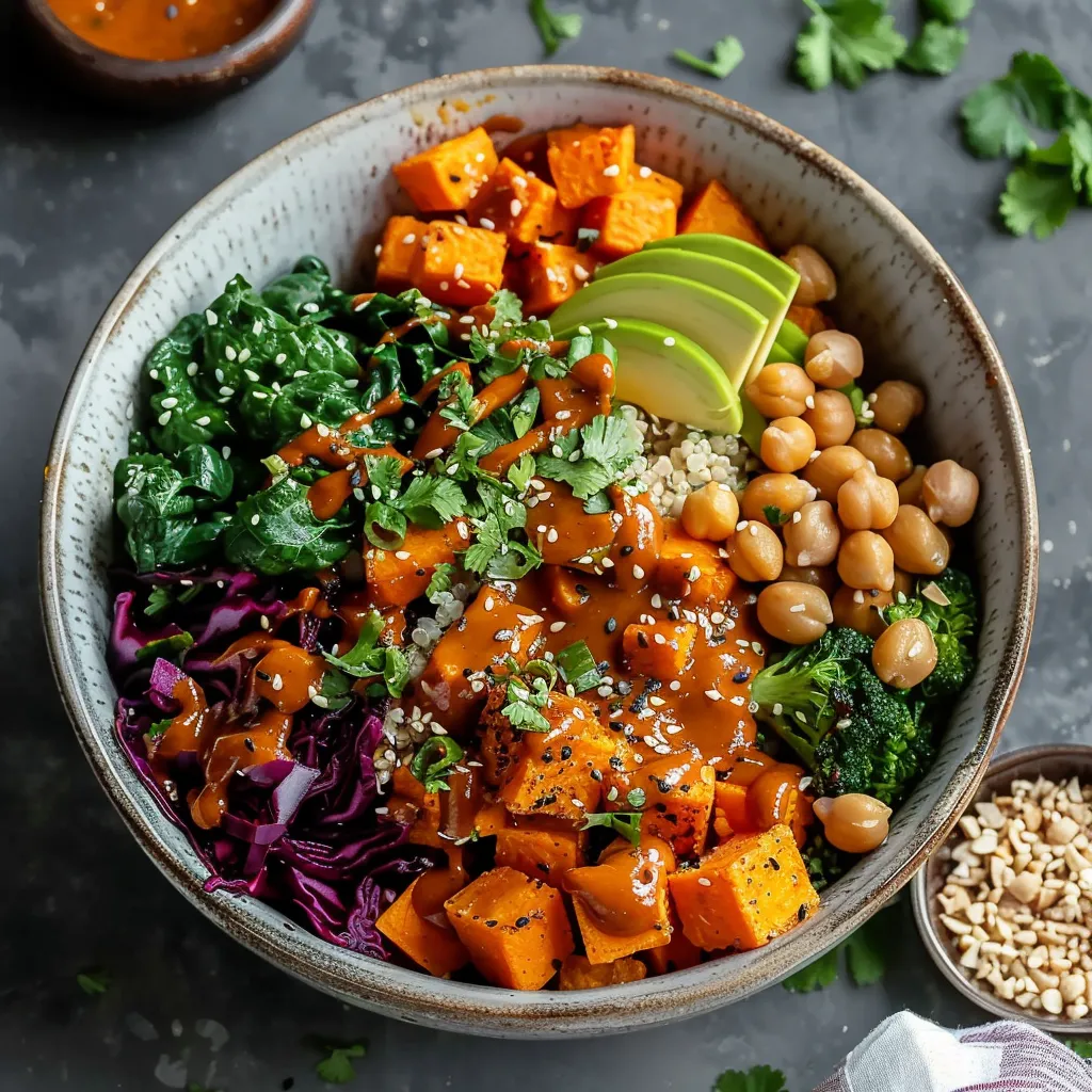 Nutritious Thai Buddha bowl featuring roasted sweet potatoes and homemade peanut sauce.
