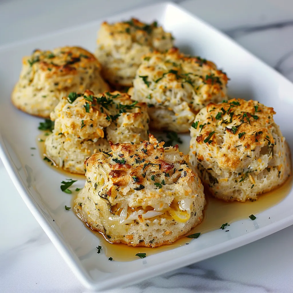 Tasty crab filled biscuits showing a buttery, cheese-laden exterior, great for parties.