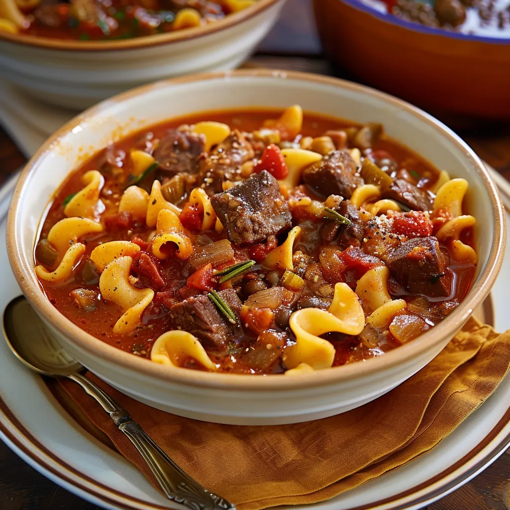 Warm, rich bowl of beef, pasta, and puttanesca flavor to savor every spoonful.