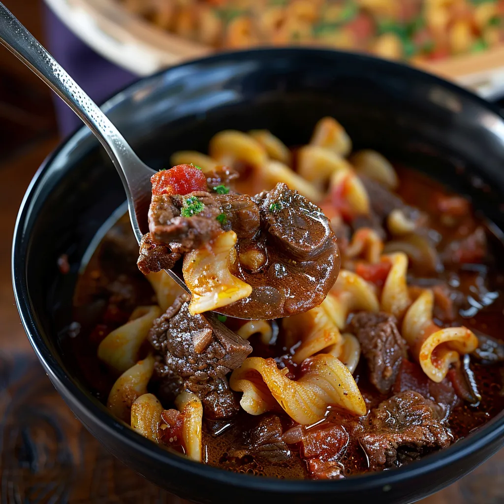 Hearty and flavorful pasta puttanesca soup with beef, perfect comfort food for cool evenings.