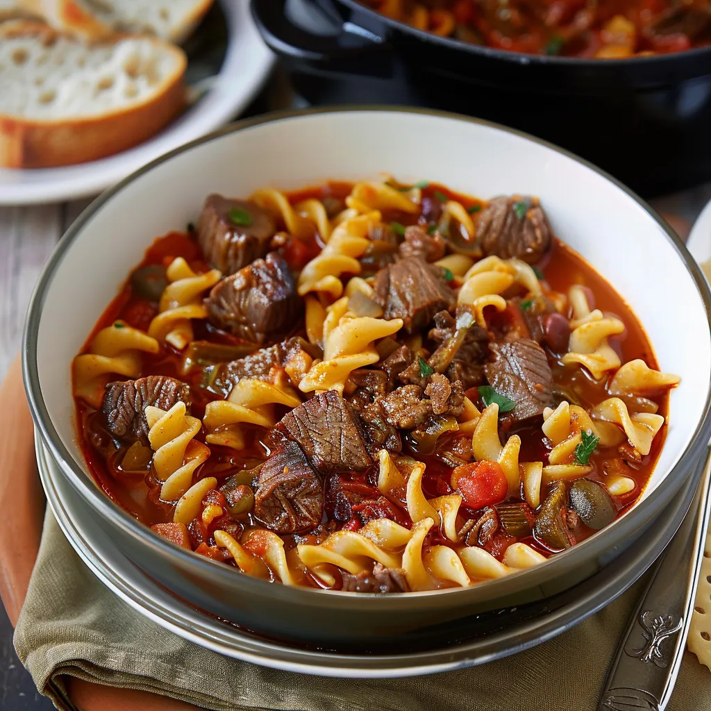 Flavorful beef soup with puttanesca and pasta, featuring olives and capers for a zesty kick.
