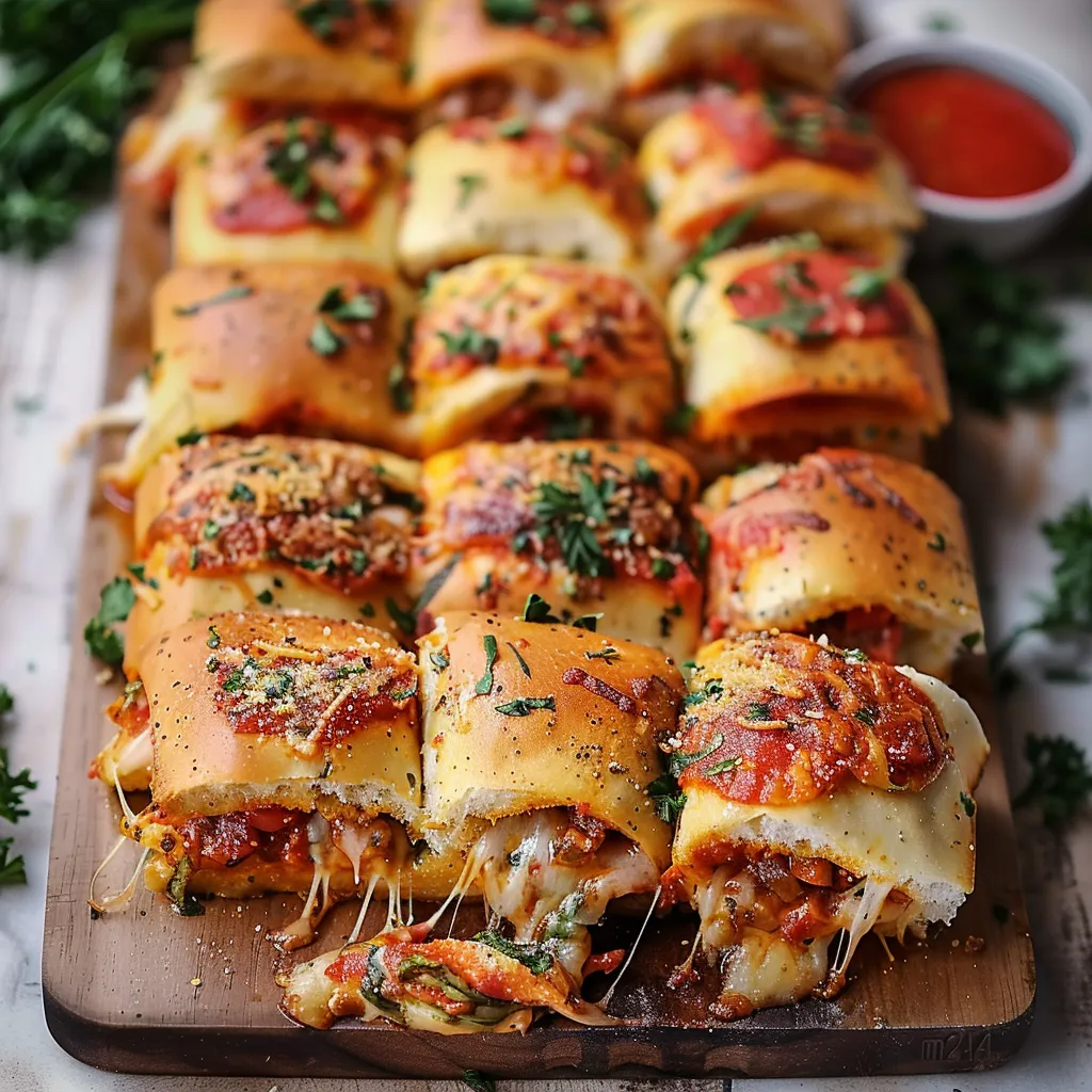 Freshly baked mini pizza sliders with golden tops, ready for your next party.