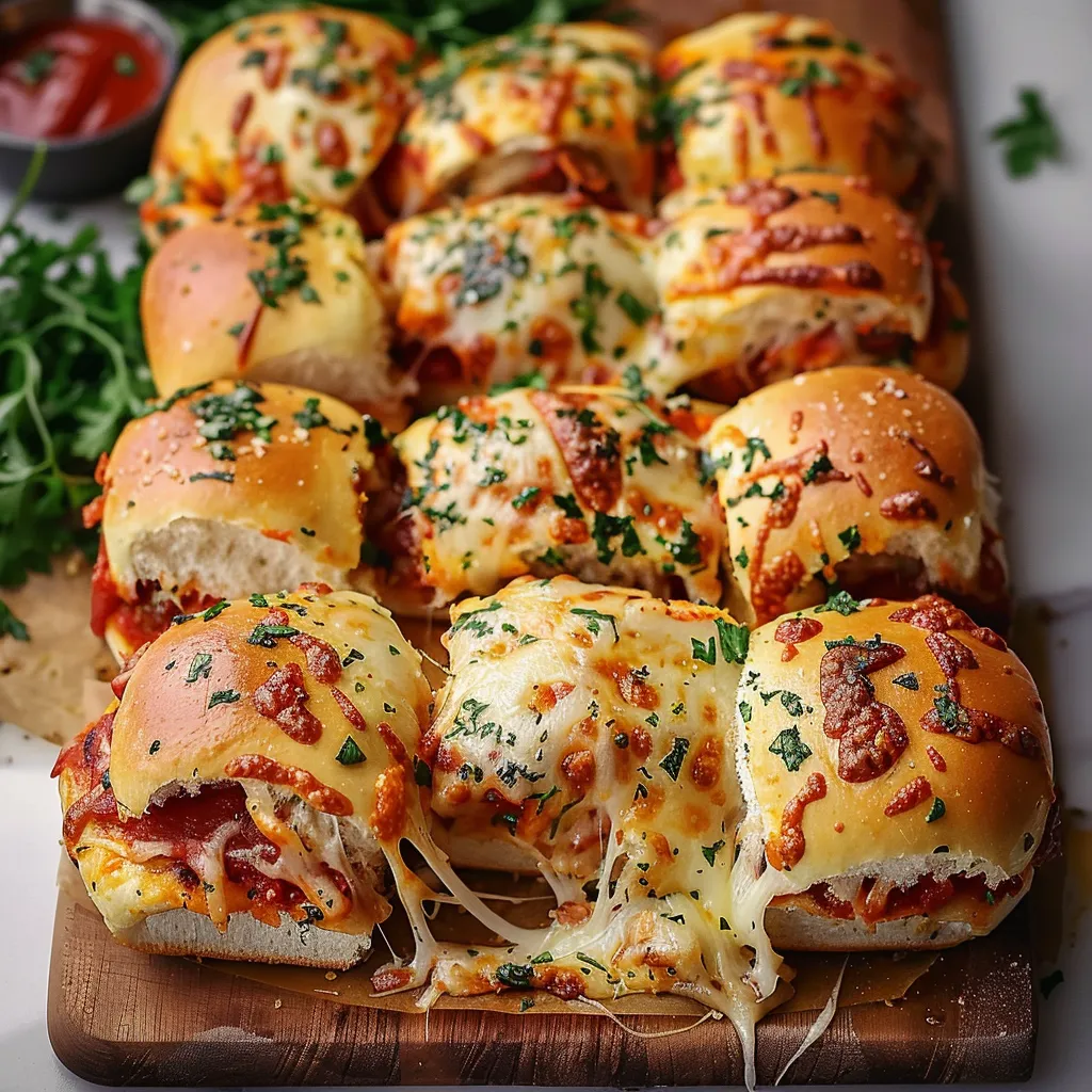 Bite-sized pizza sliders with stretchy cheese pulls and colorful toppings inside.