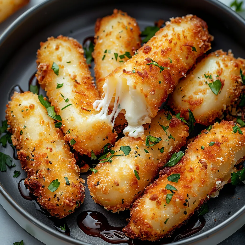Golden and crunchy mozzarella sticks with melted cheese inside, snack-ready.