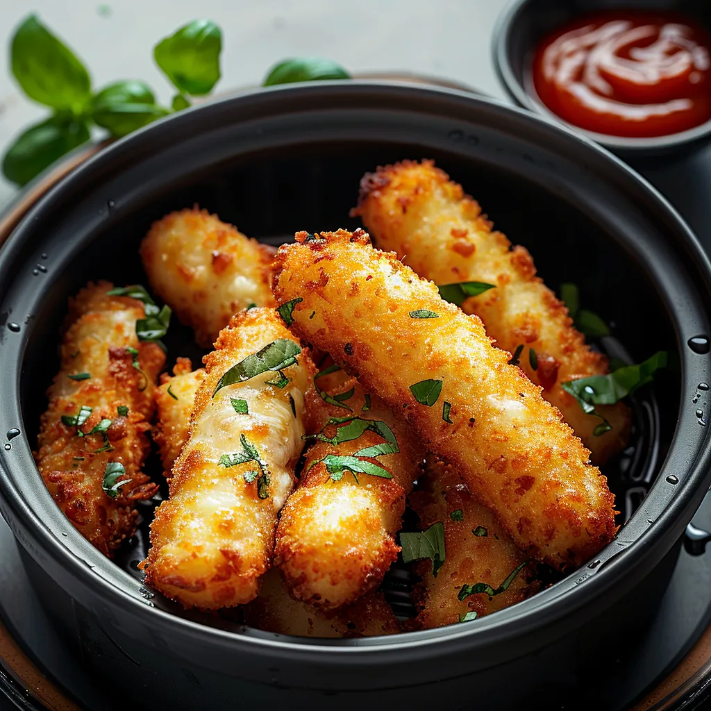 Golden mozzarella sticks made in the air fryer, a quick and delicious appetizer.