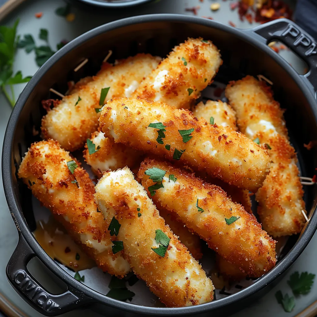 Easy air fryer mozzarella sticks, crunchy outside and melty inside.