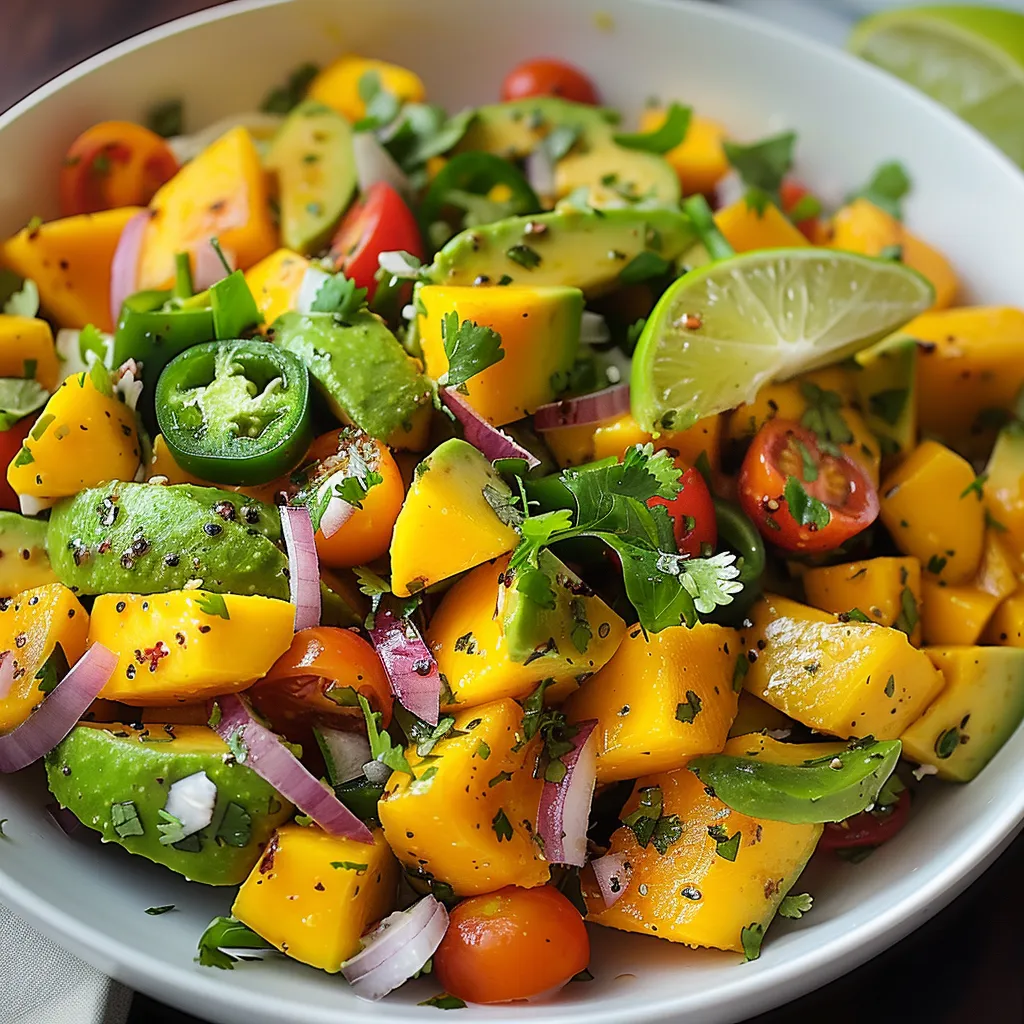 Tropical mango avocado mix with lime for a fresh, chilled dish.