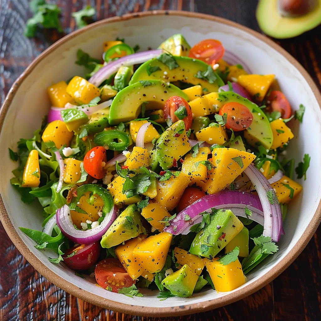 Luscious avocado mango salad drizzled with zesty lime dressing.