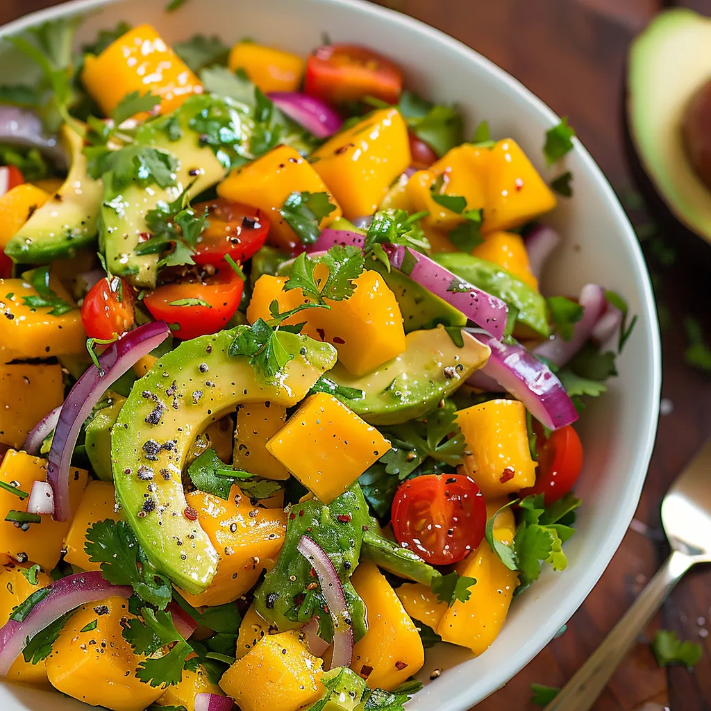 Colorful avocado mango salad with tangy dressing, a refreshing healthy option.