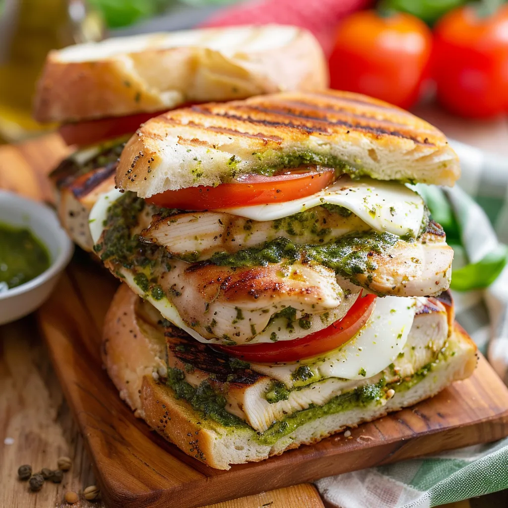 Cheesy sandwich with chicken, pesto, and toasted bread topped with fresh basil.