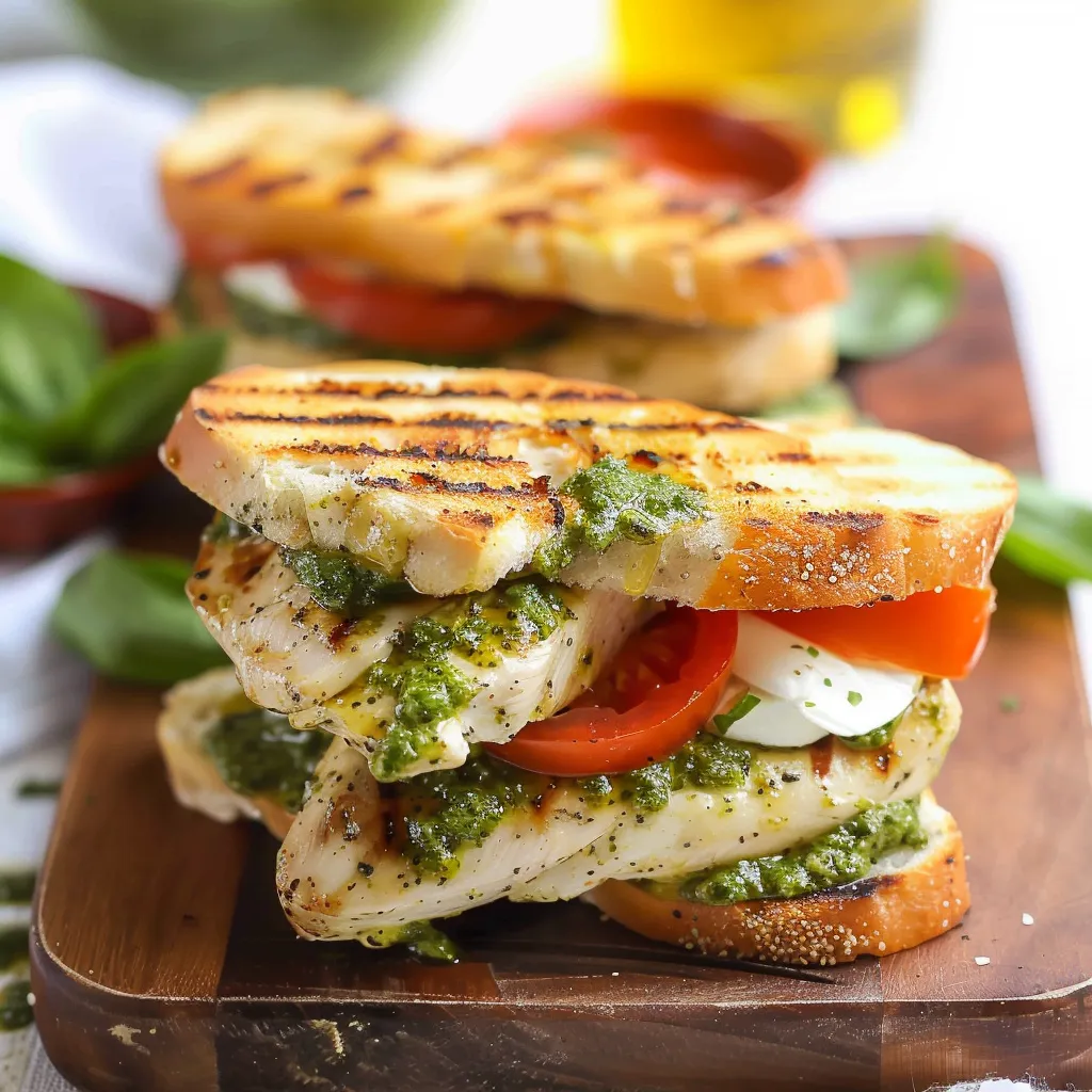 Mouthwatering pesto chicken sandwich featuring rich spread and succulent chicken pieces.