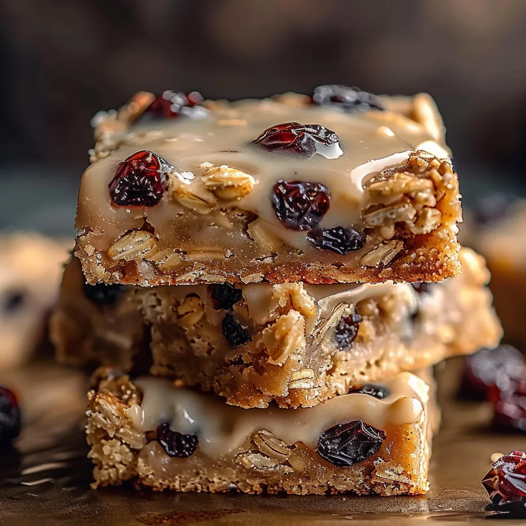 Soft, chewy oatmeal raisin dessert bars with frosting, great for any event.
