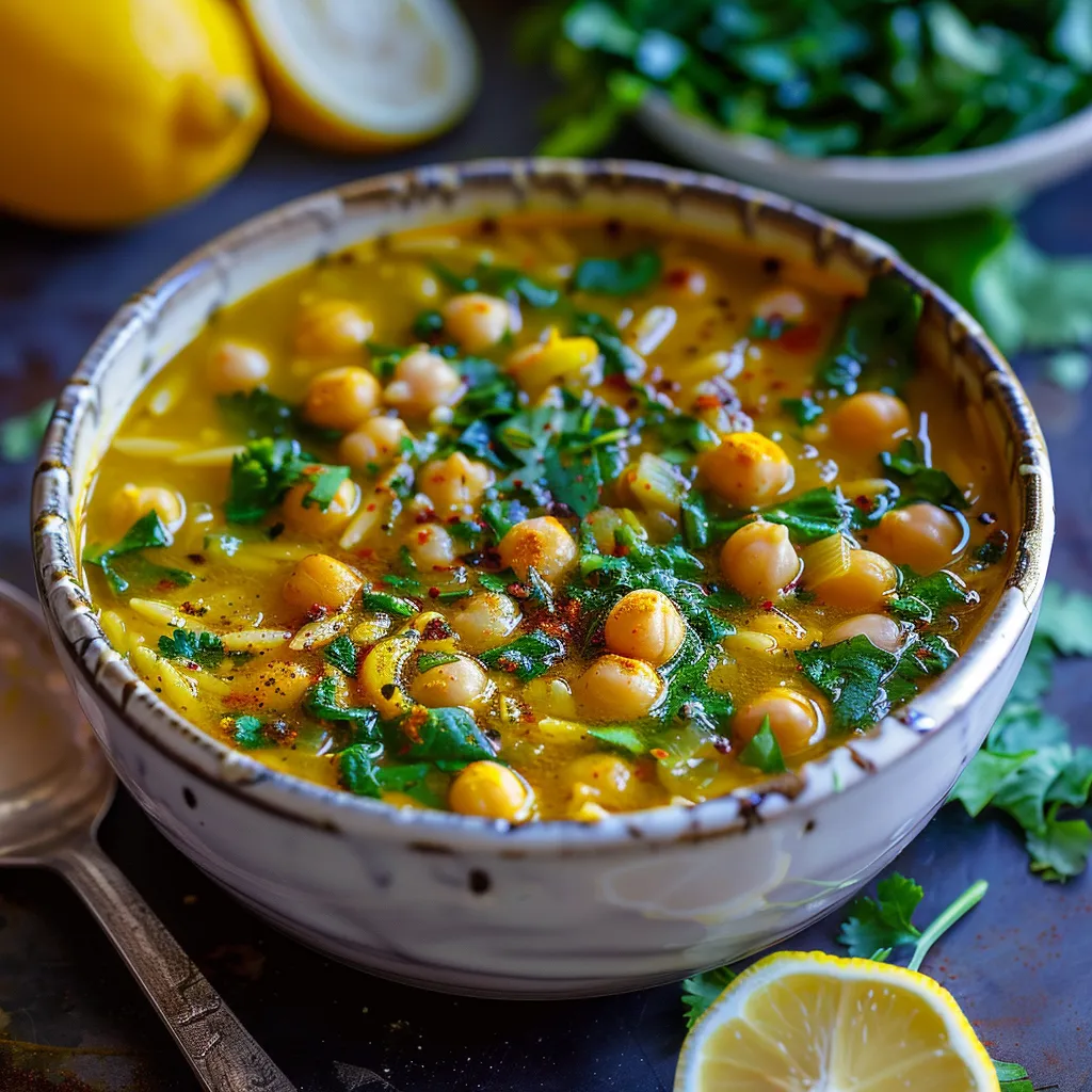 Warm turmeric soup paired with chickpeas, spinach, and orzo for a healthy, vibrant meal.