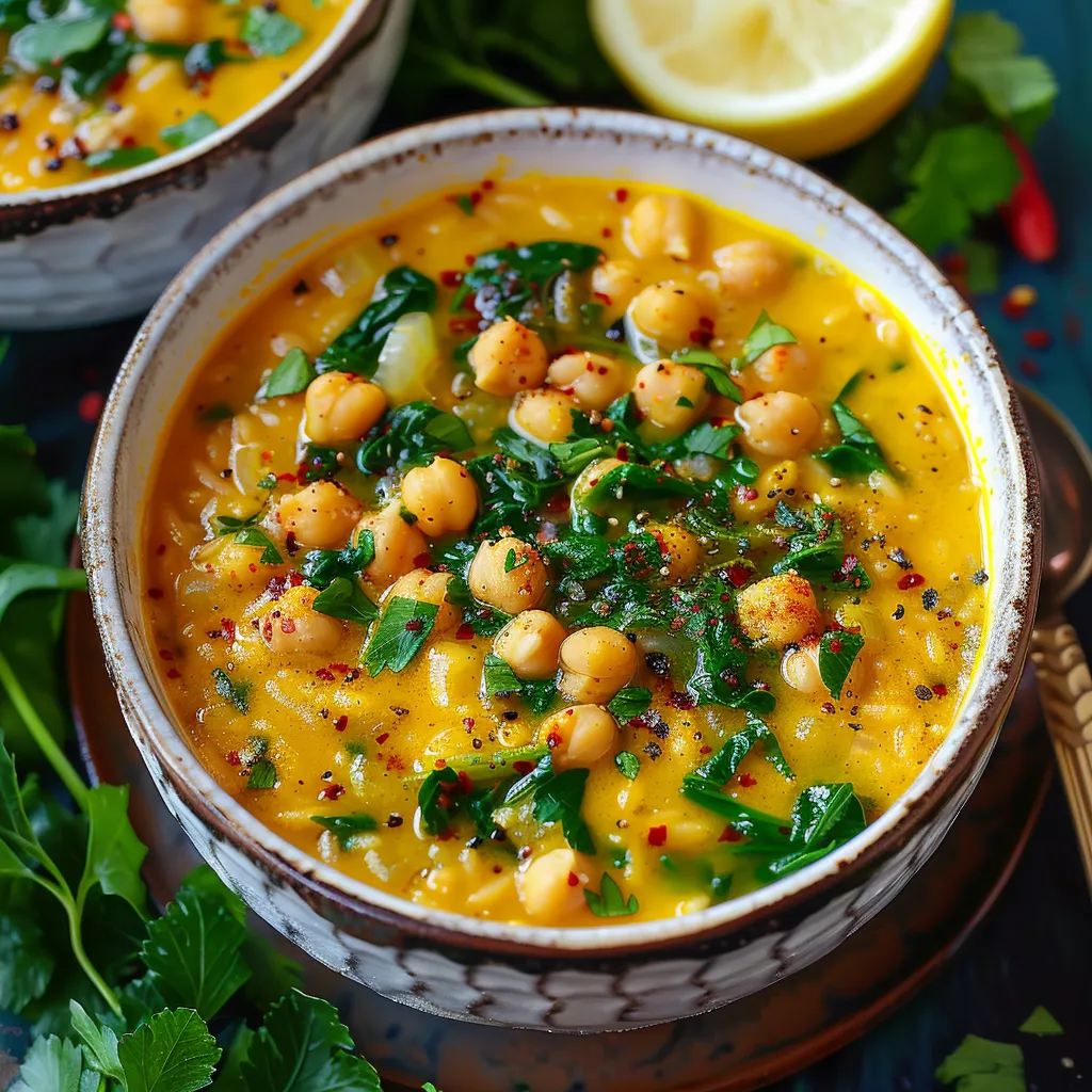 Hearty turmeric soup featuring aromatic spices, tender chickpeas, orzo pasta, and wilted spinach.