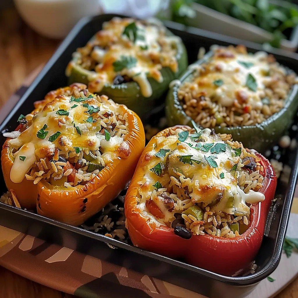 Vibrant stuffed bell peppers with savory rice filling, a tasty veggie-based option for dinner.