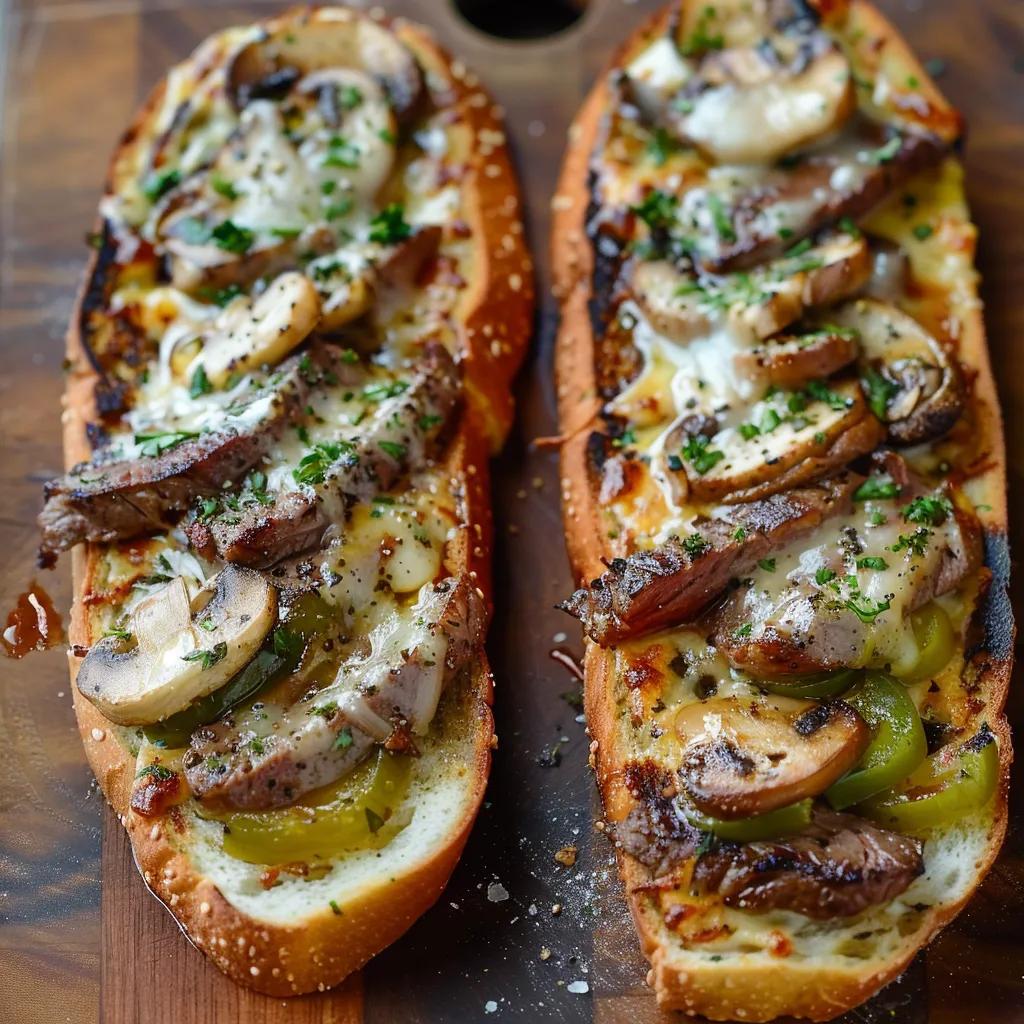 Philly steak bread topped with gooey cheese, steak, and veggies.