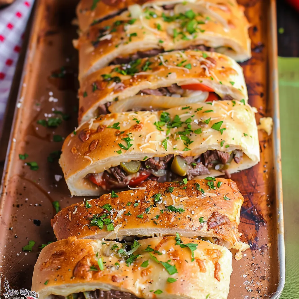 Mouthwatering Philly cheese steak stromboli, wrapped in golden bread with melty filling.