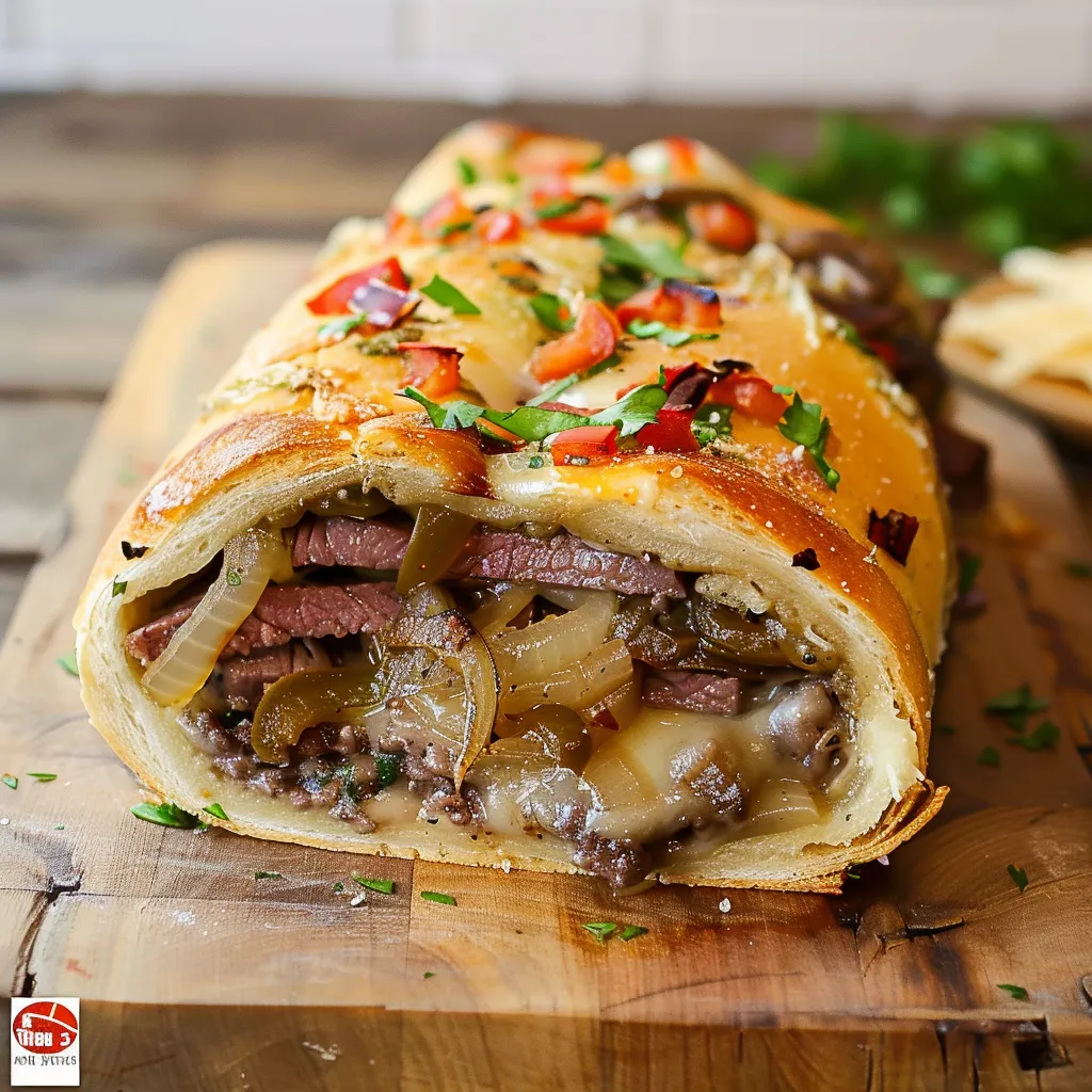 Golden baked Philly cheese steak stromboli, sliced to show the tasty layers inside.