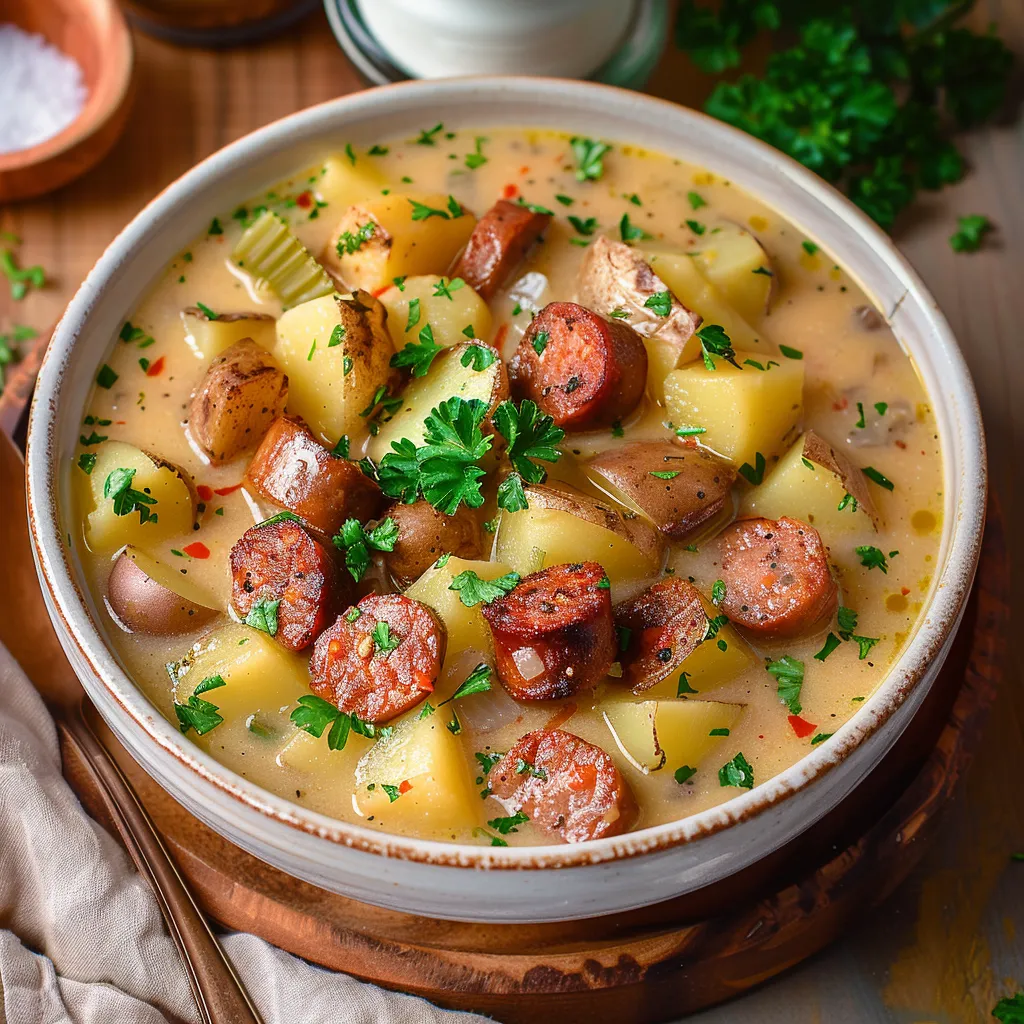 Cajun-inspired soup with creamy texture and smoky sausage flavor.