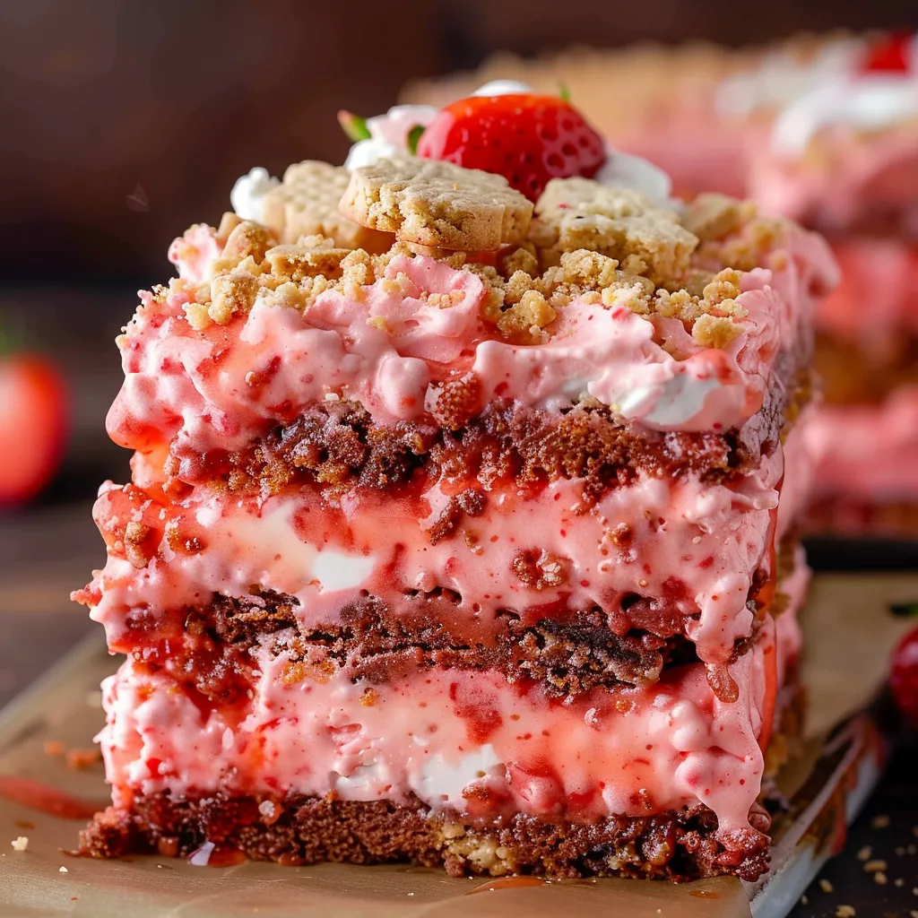 Fudgy strawberry brownies with a sweet cookie crunch on top.
