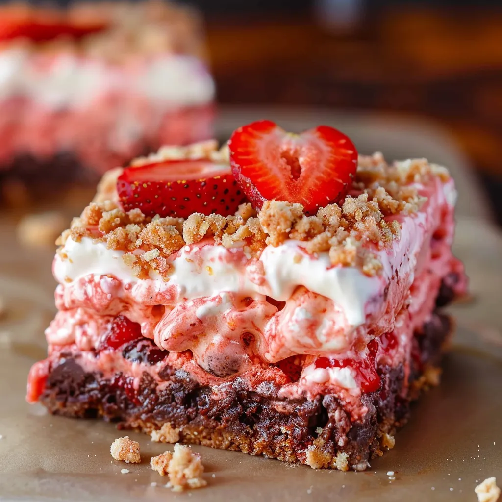 Mouthwatering strawberry crunch brownie showing off its layers of fruit and chocolate flavors.