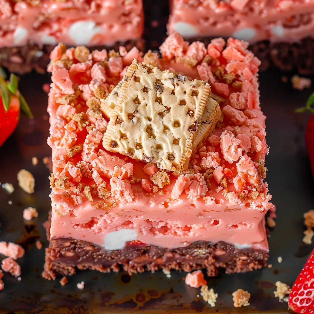 Close-up of a strawberry crunch brownie showing its tempting layers of sweet and crunchy textures.
