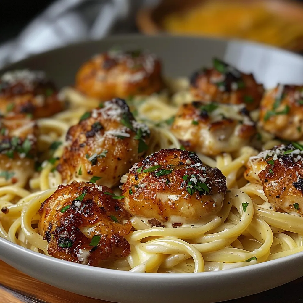 Delicious golden garlic chicken chunks mixed with creamy cheesy pasta