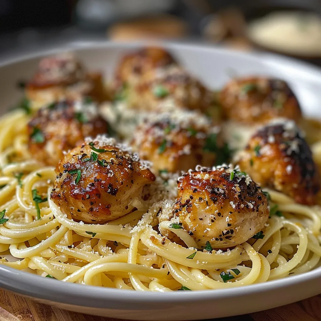 Tasty garlic chicken pieces with creamy cheese sauce coating pasta