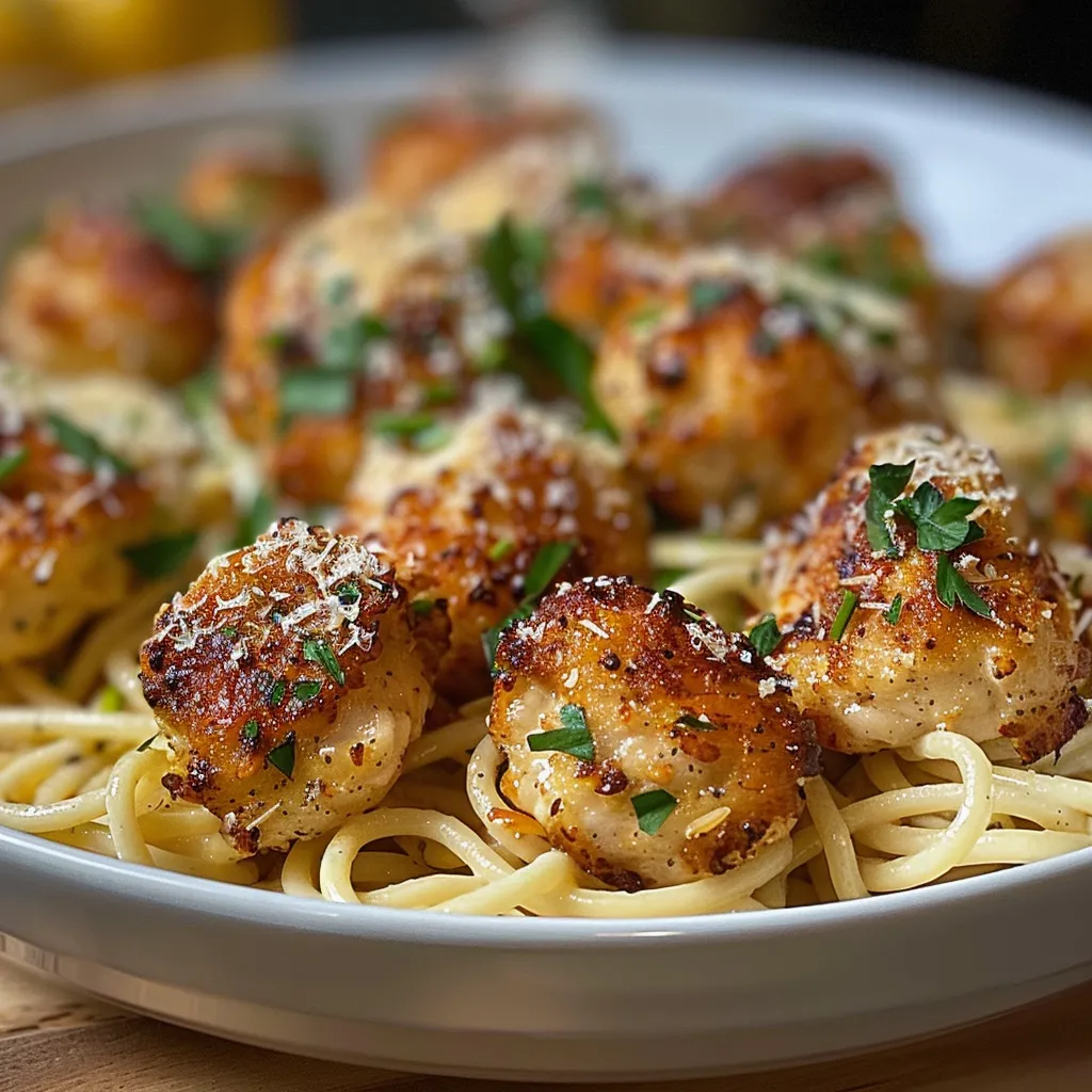 Golden garlic chicken served with pasta in rich creamy sauce, perfect comfort meal.