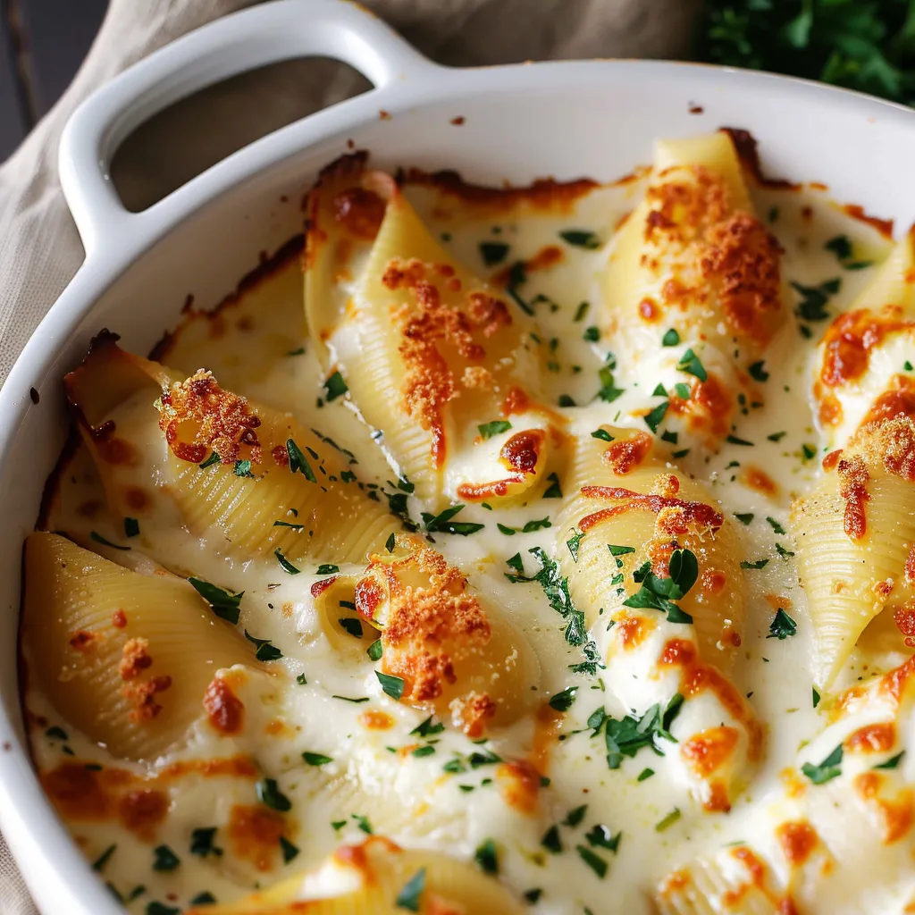 Golden, creamy stuffed shells loaded with alfredo and chicken for a comforting pasta bake.