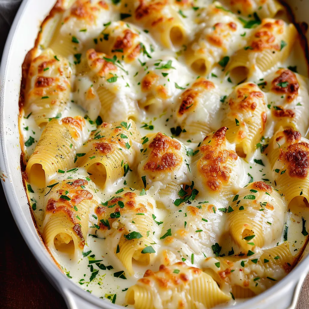 Cheesy chicken Alfredo packed shells, combining creamy texture with savory chicken flavors.