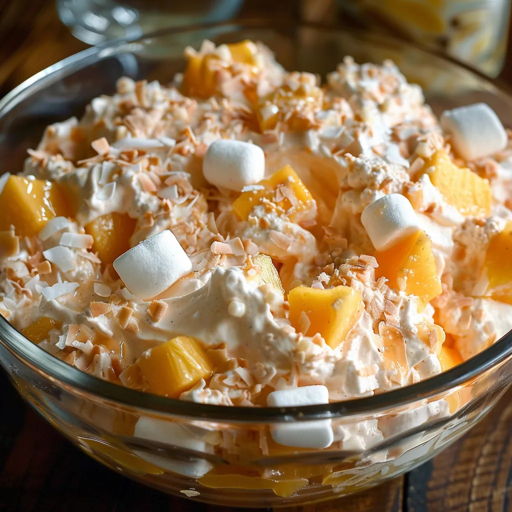 Creamy and sweet millionaire peach salad that's easy to make and share.