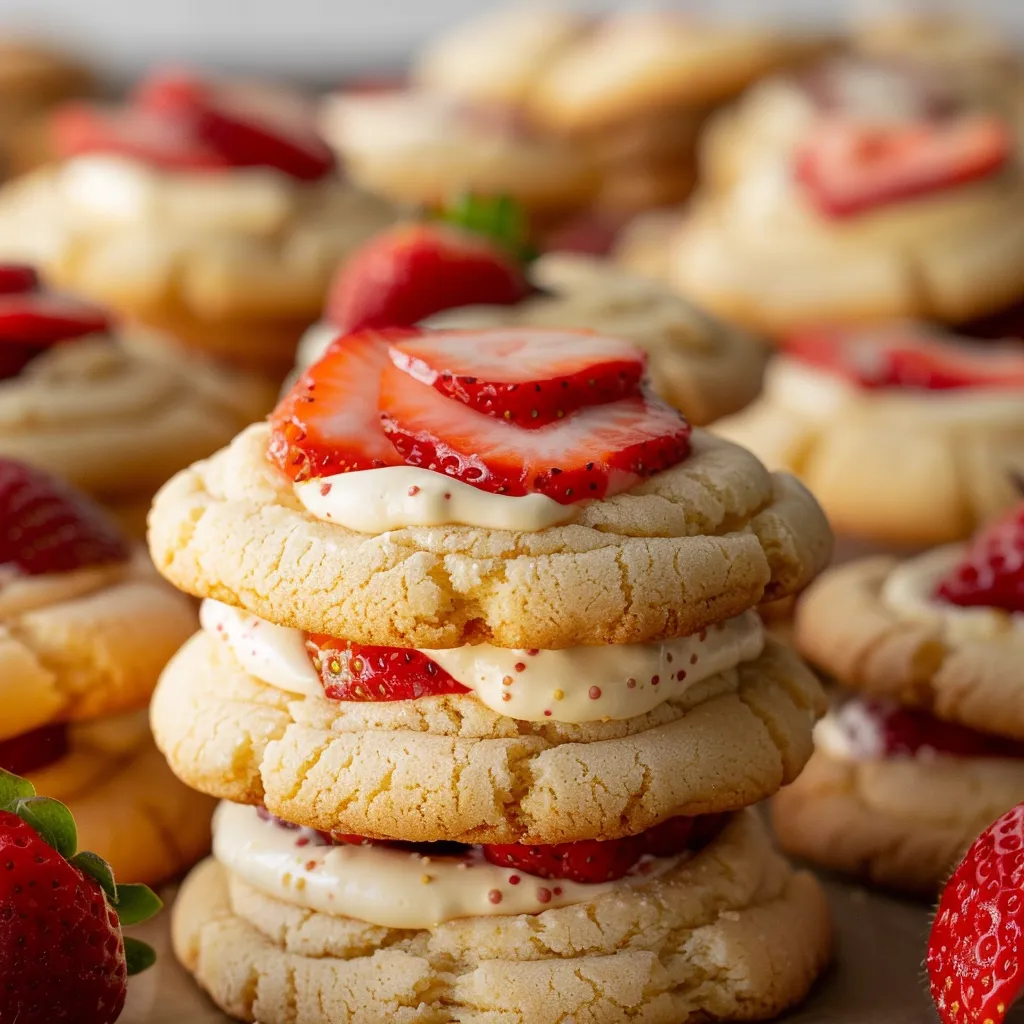 Cheesecake-inspired strawberry cookies filled with cream cheese and bursting with flavor.