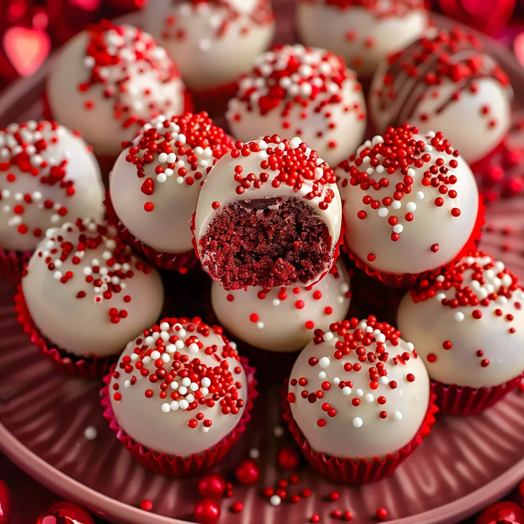 Moist red velvet balls wrapped in chocolate, perfect for gatherings.