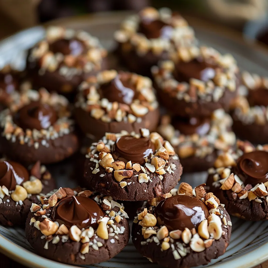 Bite-sized chocolate cookies topped with creamy hazelnut filling.