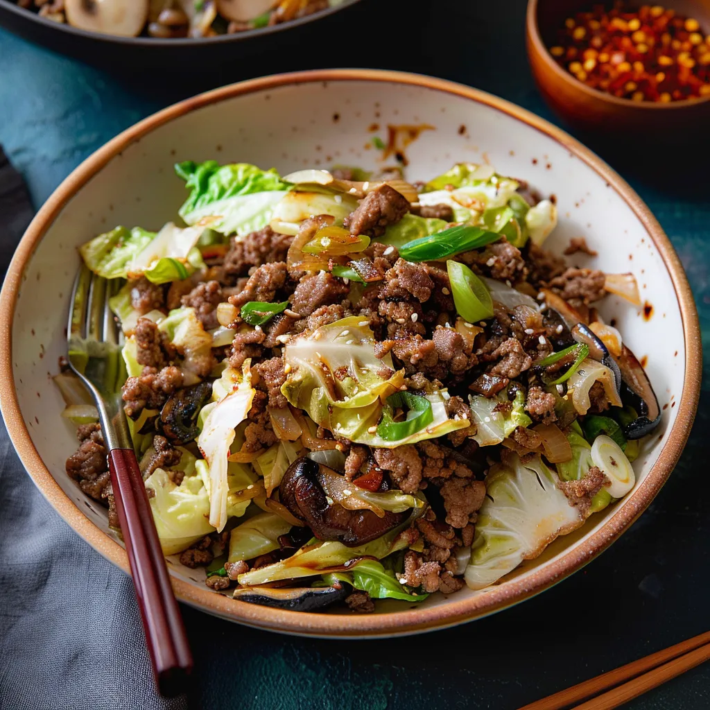 Ground beef stir fry with cabbage and shiitake mushrooms