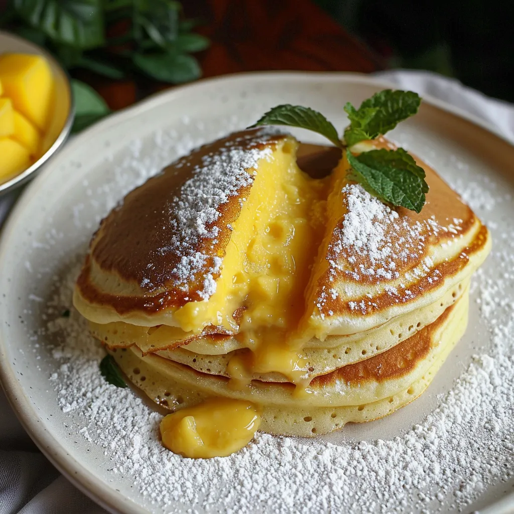 Soft mango pancakes stuffed with chunks of fresh mango and airy cream filling.
