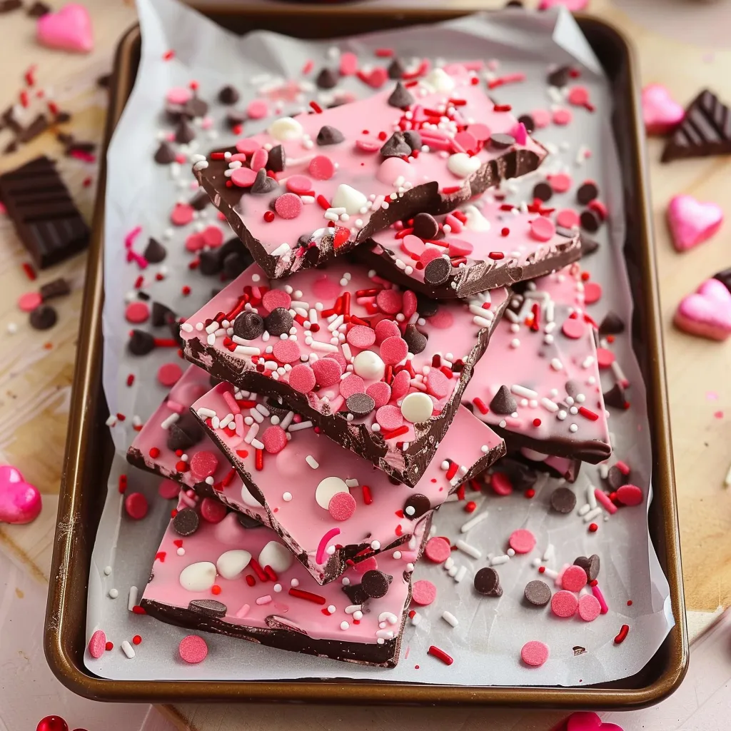 Festive Valentine's chocolate bark with swirls of chocolate and colorful toppings.