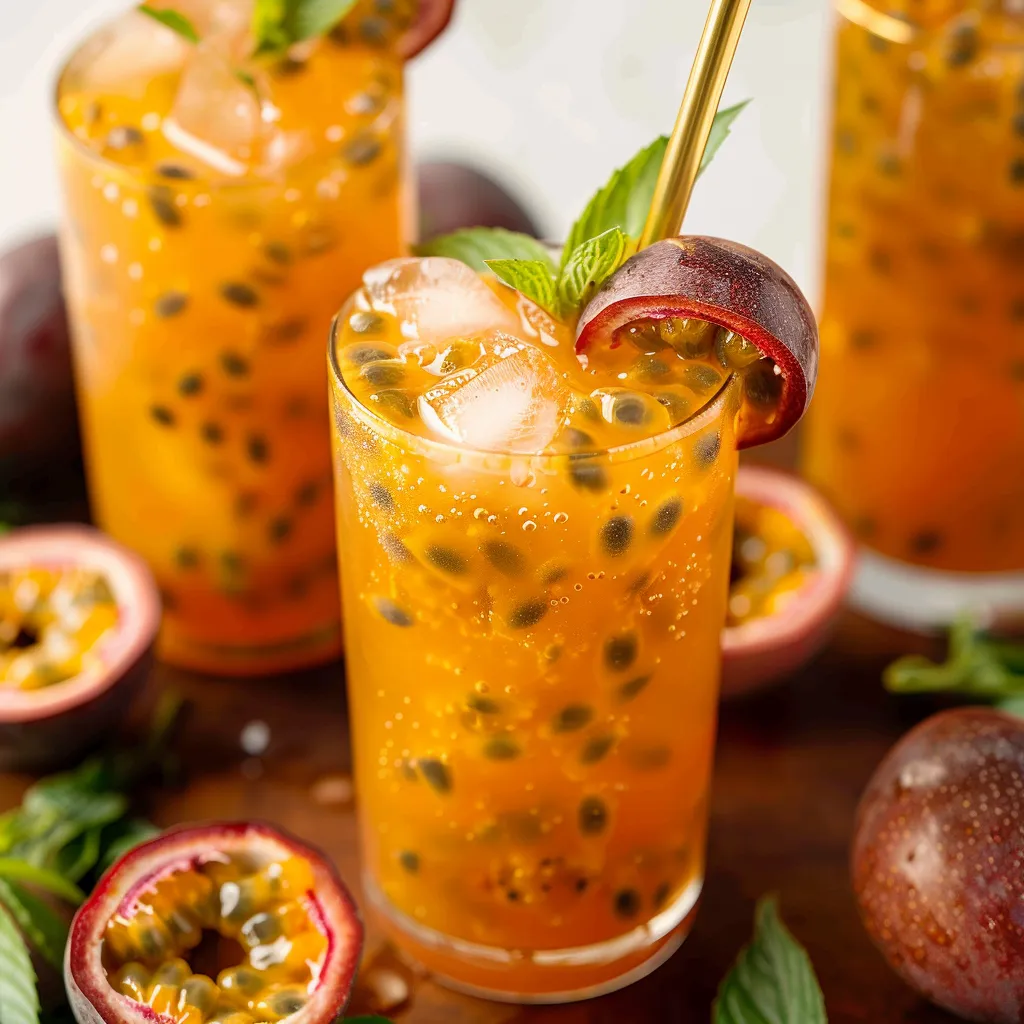 Cooling passion fruit iced tea, a zesty and tropical beverage for sunny days.