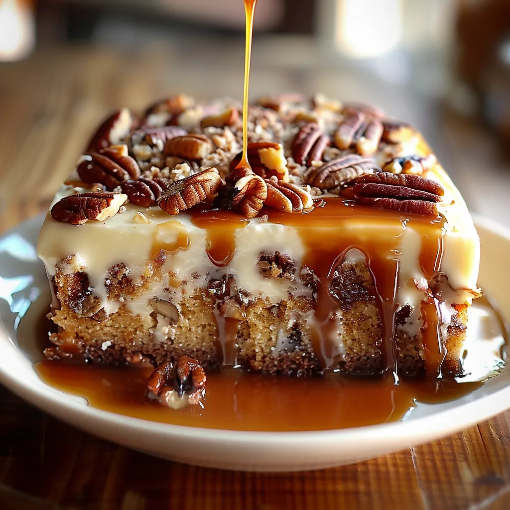 Mouthwatering butter pecan poke cake topped with sweet praline sauce.