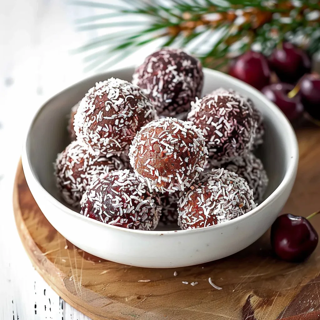 Luxurious candy balls made with chocolate, cherries and coconut ideal for holiday presents.