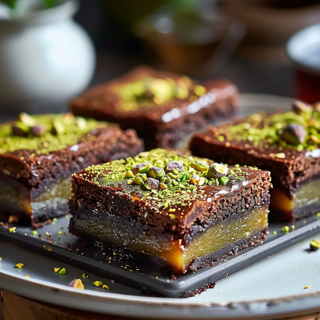 Mouthwatering pistachio kunafa brownies showing crunchy kunafa layered with rich brownie base.