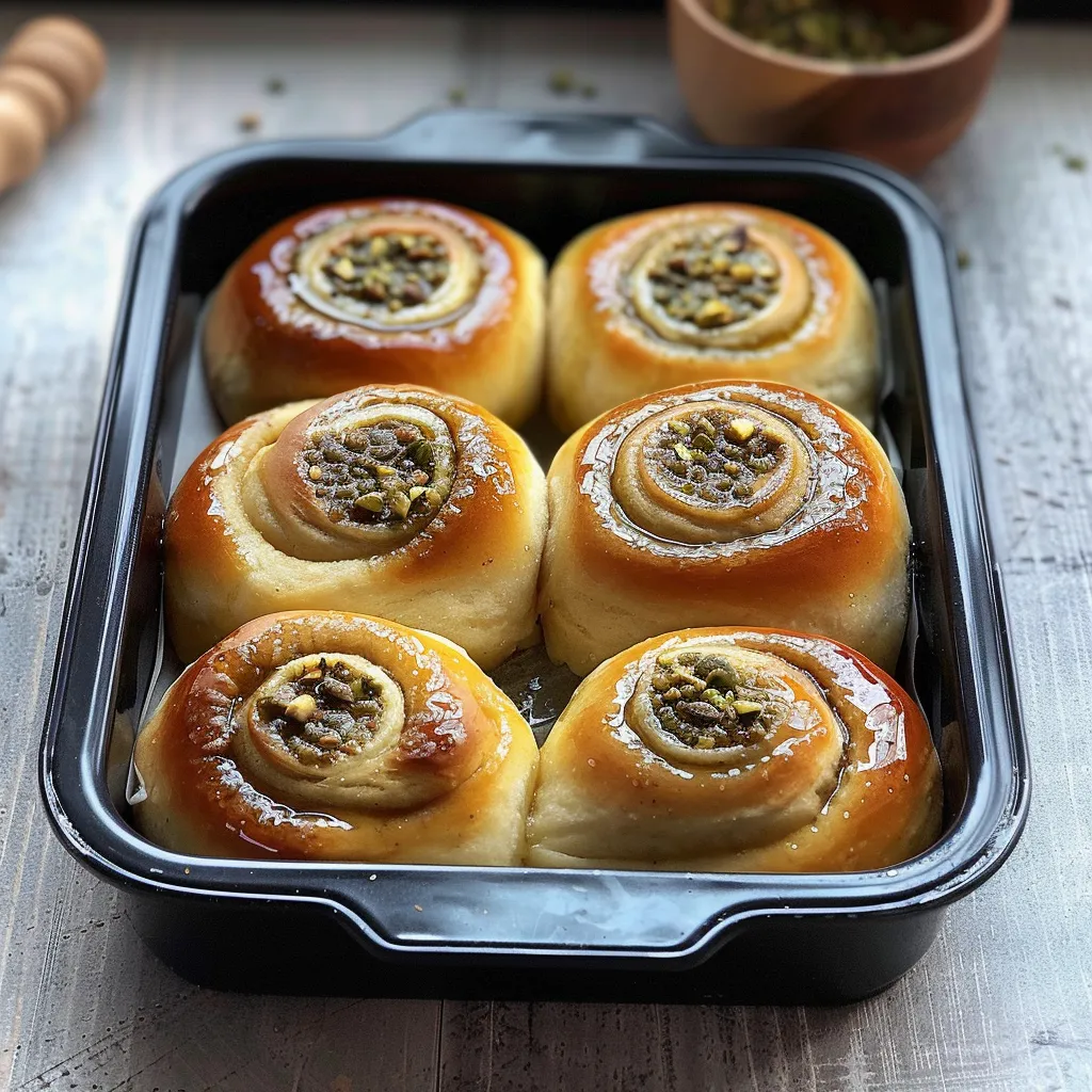 Soft and buttery pistachio rolls filled with sweet pistachio cream.