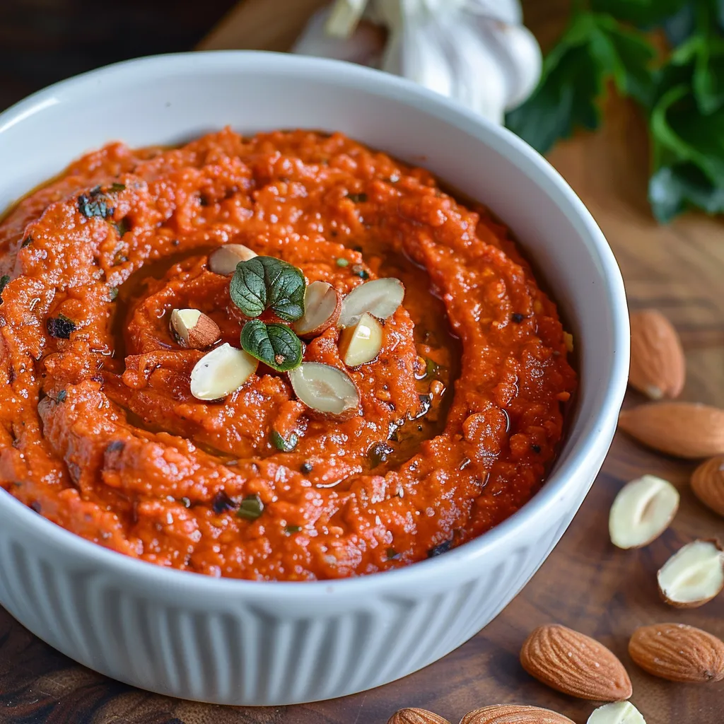 Rich red romesco with hints of smokiness, ready for dipping or pouring.