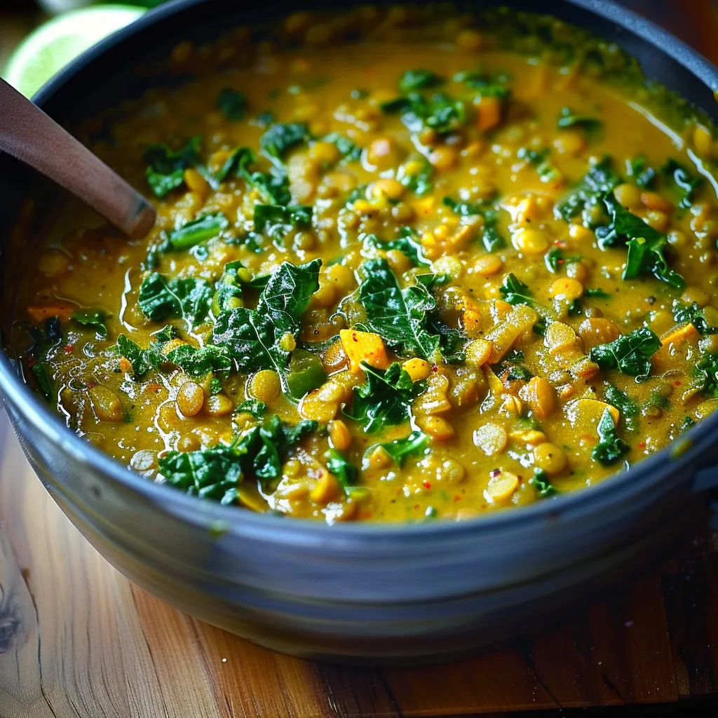Robust curry lentils mixed with kale and coconut milk, a filling plant-based dinner.