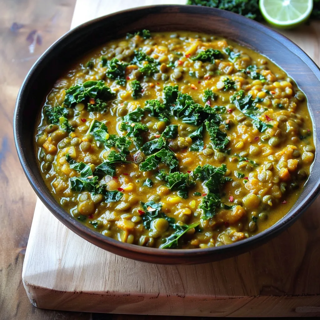 Velvety spiced lentils cooked with fresh kale and coconut milk for a soul-warming meal.