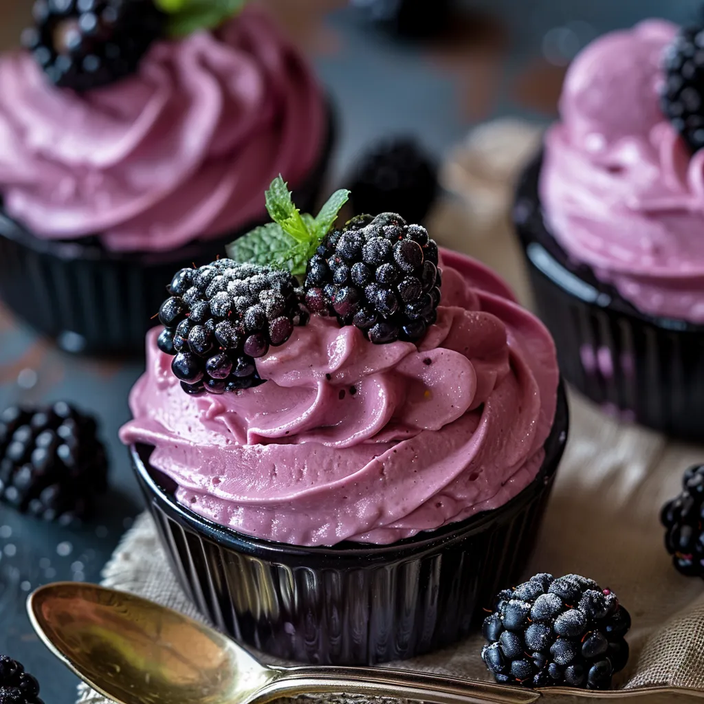 Fluffy whipped blackberry mousse, a delightful fruity treat.